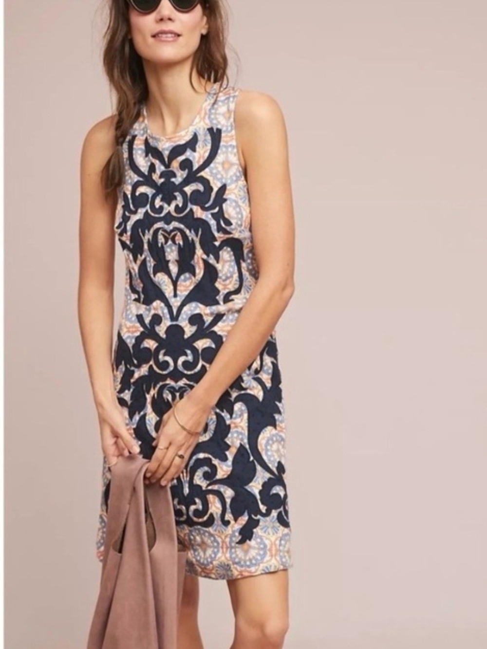 Vanessa Virginia Anthro Owen Size 6 Linen Blend Damask Embroidery Shift Dress